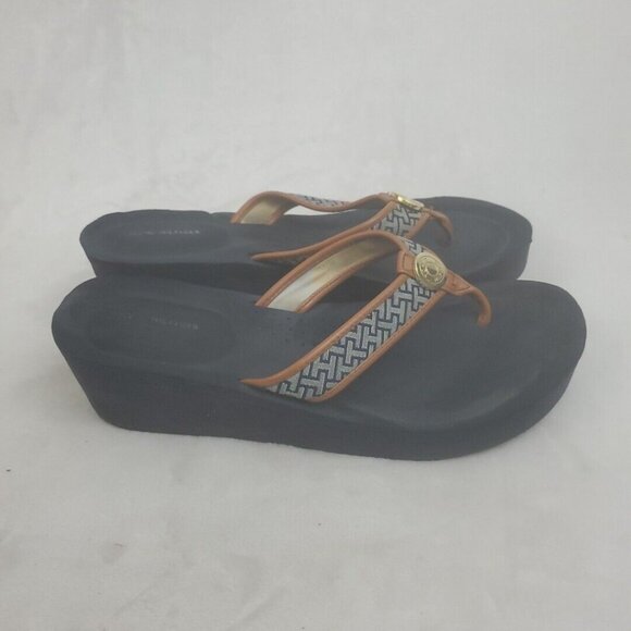 Tommy Hilfiger Wedge Flip Flop Sandals Womens Size 11 Blue Brown Fabric Slip On - Picture 4 of 9